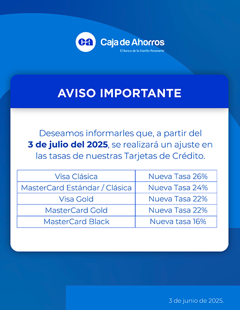 Aviso Importante - Nuevas tasas de Tarjetas de Crédito Aviso Importante - Nuevas tasas de Tarjetas de Crédito