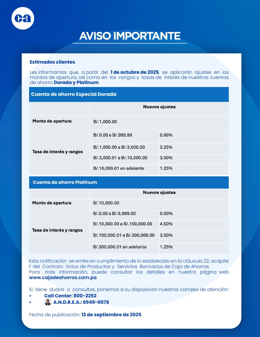 Ajuste en monto de apertura, rangos y tasas de cuentas Dorada y Platinum