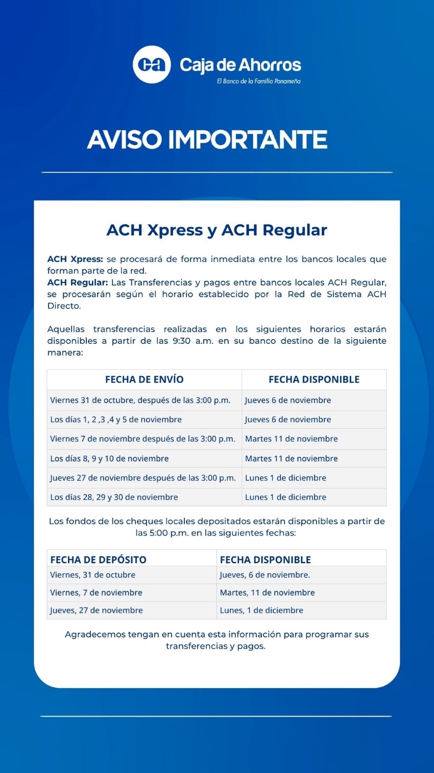 Aviso ACH Xpress y ACH regular