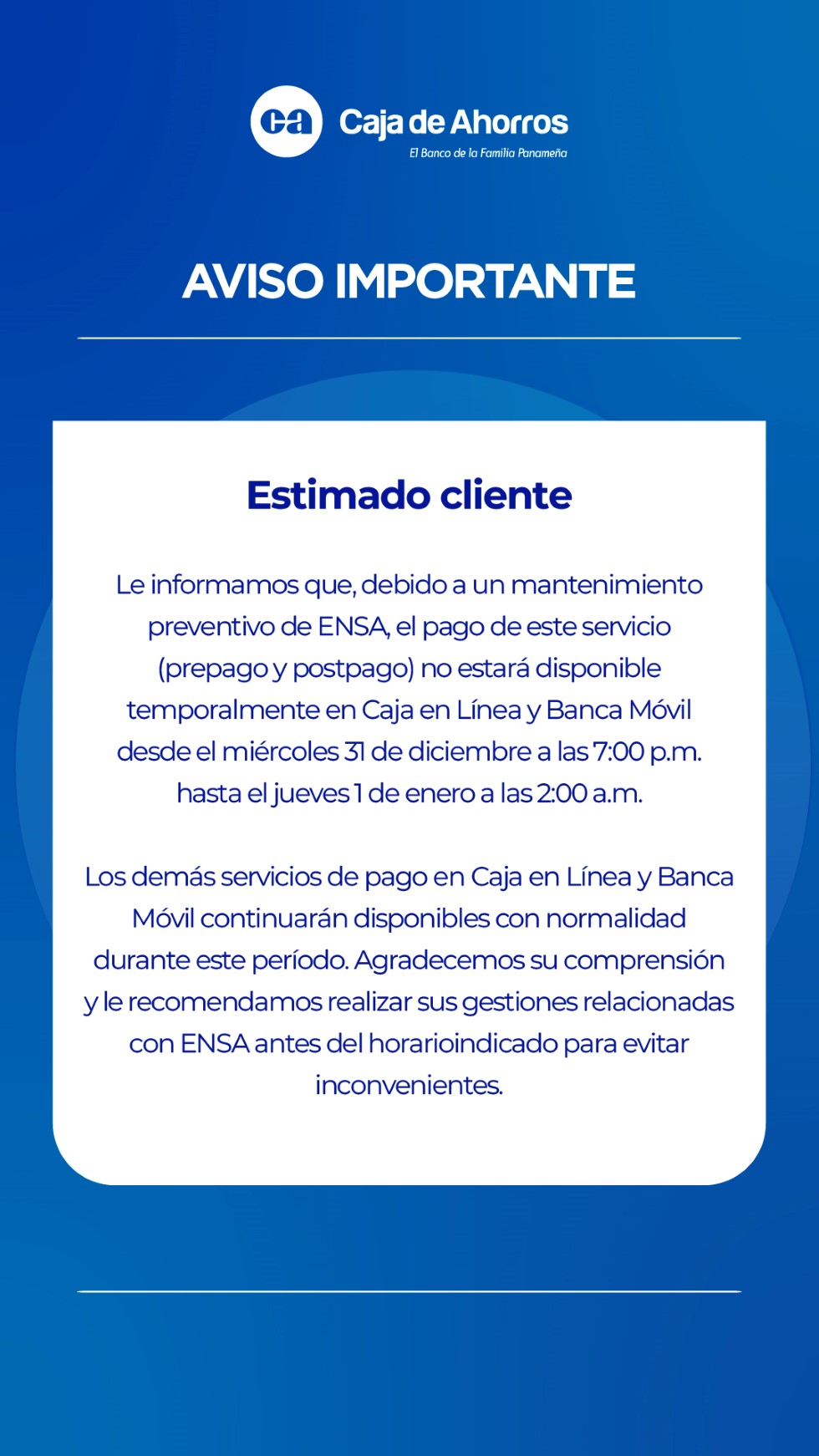 Aviso sobre pagos de ENSA