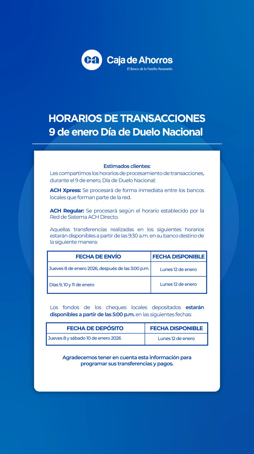 Horario de transacciones el 9 de enero