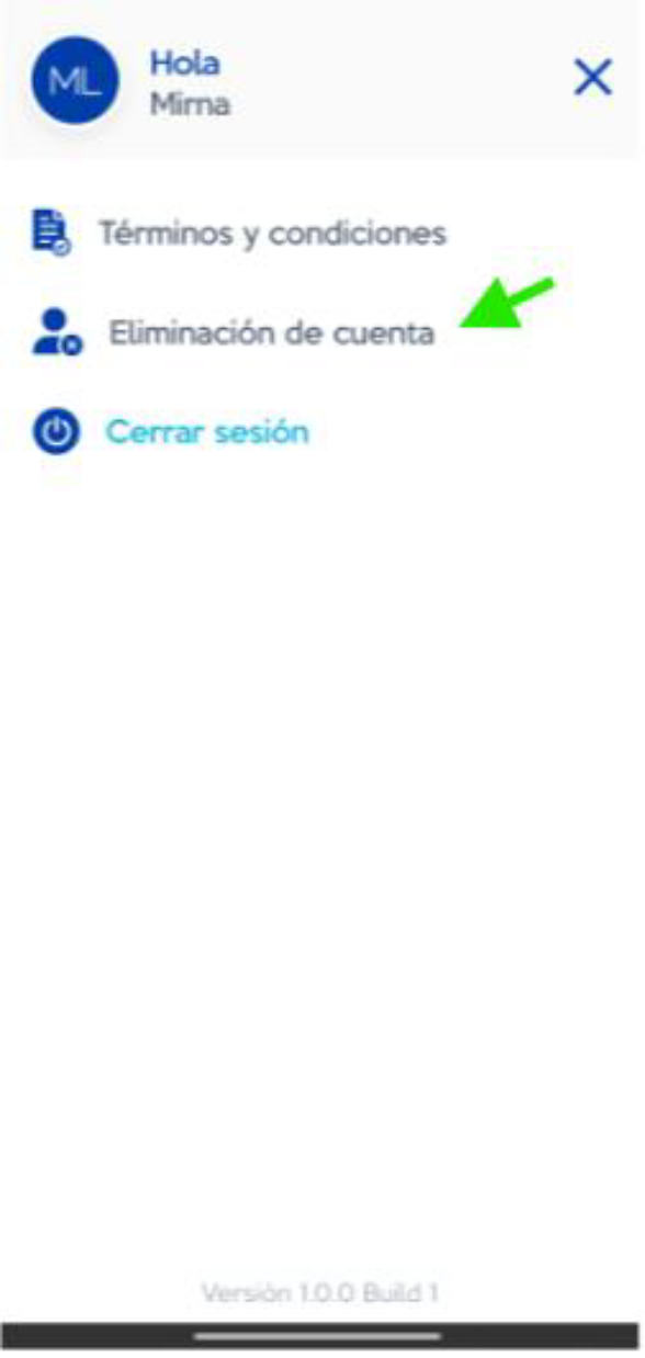 Opción Eliminación de cuenta en el menú de Punch