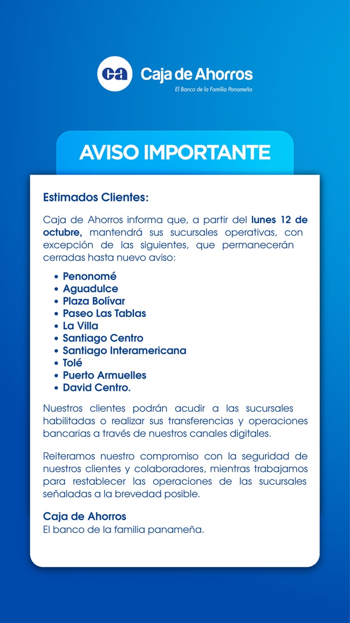 Aviso de sucursales operativas